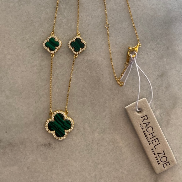 NWT Rachel Zoe 3 Clover Green Malachite/gold 18" necklace - Picture 1 of 3